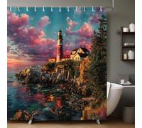 Red Shower Curtain Red lighthouse on the seaside 240 x 200 cm Washable Polyester Fabric Bathroom Curtain with 12 Hooks, Bathtub Shower Curtain for Home & Hotel