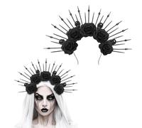 RED-SHYN Black Rose Skeleton Gothic Halo Crown Headband for Women Halloween Party Day of the Dead Costume Hair Accessory