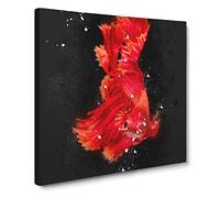 Red Siamese Fighting Fish Paint Splash Modern Canvas Wall Art Print Ready to Hang, Framed Picture for Living Room Bedroom Home Office Décor, 14x14 Inch (35x35 cm)