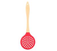 Red Silicone Skimmer Spoon with Wood Handle, Fine Holes for Kitchen Cooking | Heat Resistant Nylon Design, Oil Reduction, Hangable Opening, Suitable for Boiled Eggs, French Fries, Home Cooks Random Style