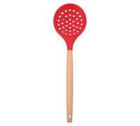 Red Silicone Skimmer Spoon with Wood Handle, Fine Slotted Pasta Strainer | Ergonomic 12.99-inch Reach, Uniform Holes, Gentle Cookware Use, Fast Draining, Hanging Hole, for Fries and Random Style