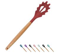 Red Silicone Spaghetti Server - 12.6 Inch Noodle Fork with Wooden Handle, Pasta Spoon for Cooking, BPA Free