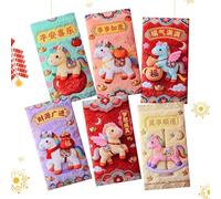Red Silver Envelopes | 6 Pieces Embroidered Design New Year Packet 2026 | Red Envelopes Year of the Horse 2026 - for Boy Girl Young Teen Party Spring