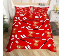 Red Single Duvet Cover Set Ice Hockey Bedding Soft Microfiber Duvet Cover Single 135 x 200 cm 3D Quilt Cover with Zipper Closure and 2 Pillowcases b.3287