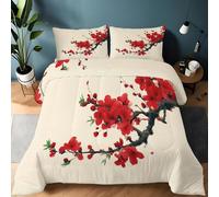 Red Single Duvet Set, Ink Wash Style Branch Flowers Washable Comfortable Reversible Comforter, Soft Breathable Anti Allergy Microfibre Bedding with 2 Pillowcases for All Seasons