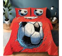Red Single Duvet Set, Sports Theme Cartoon Football Washable Comfortable Reversible Comforter, Soft Breathable Anti Allergy Microfibre Bedding with 2 Pillowcases for All Seasons