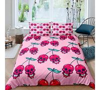 Red Skull Comforter Cover Cherry Skull Bedding Set for Boys Girls Children Skeleton Bones Duvet Cover Pink Room Decor Sweet Fruit Bedspread Cover Double Quilt Cover 3Pcs