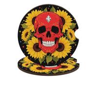 Red Skull & Yellow Sunflowers Car Cup Holder Coasters 2-Pack Absorbent Wood & Cork Coasters for Car Cup Holders, Festive Car Accessories for Women & Men