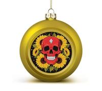 Red Skull & Yellow Sunflowers Christmas Ball Ornaments - Golden Shatterproof Plastic Vintage Rustic Xmas Tree Decorations Pendant for Family Holiday Wedding Party Xmas Hanging Decoration