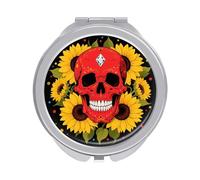 Red Skull & Yellow Sunflowers Compact Mirror for Purse, Double-Sided 1x/2x Magnifying Metal Pocket Makeup Mirrors, Folding Mini Vanity Mirror, Handheld Round Travel Cosmetic Mirrors for Women