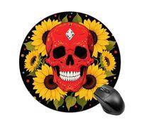 Red Skull & Yellow Sunflowers Mouse Pad Round Laptop Mouse Mat Cute Computer Mousepad Keyboard Pad Non-Slip Desk Pads for Gaming Office Work Home