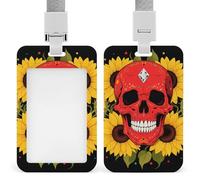 Red Skull & Yellow Sunflowers Retractable ID Badge Holder with Lanyard - Vertical Badge Reel,Keychain Clip,Name Tag Id Card Holder Protector for Nurse Officer Teacher Security Staff Women Men