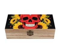 Red Skull & Yellow Sunflowers Wooden Storage Box Elegant Retro Jewelry Box with Hinged Lid Decorative Keepsake Boxes Decor Handmade Organizer Boxes for Wedding, Party, Gift, Diy Craft, Home Decor