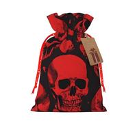 (Red Skulls) Print Christmas New Year Candy Gift Bag, Red Xmas Ribbon Drawstring Bags for Kids Xmas Holiday Eve Presents S Size