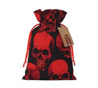 (Red Skulls) Print Christmas New Year Candy Gift Bag, Red Xmas Ribbon Drawstring Bags for Kids Xmas Holiday Eve Presents M Size