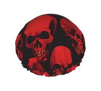 (Red Skulls) Print Double Layer Waterproof Shower Cap for Long Hair - Reusable Bath Hair Protection with Elastic Band for Women Travel.