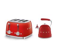 (Red) Smeg WKF01 Whistling Stovetop Kettle & TSF03 4-Slice Toaster Bundle