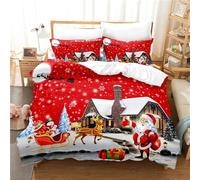 Red Snow Sky Scenery Single Size Duvet Cover Set for Kids Adult Cute Santa Claus Elk Sled Snowmen House Print Kids Adult Duvet Cover Bedding Set for Christmas Soft Quilt Cover Set with 1Pillowcase