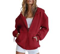 Red Soft Oversized Hoodies for Women UK Full Zip Up Long Sleeve Sweatshirt with Pockets Ladies Loose Fit Zip Hoodies Going Out Lightweight Jackets Weekday Daily Outfit Size L