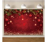 Red Sparkling Christmas Photography Backdrop Holiday Party Banner 2.7x1.8m | Fir Branches Gold Christmas Ball New Year Backgrounds Glitter Starlight Adult Men Women Portrait Photo Prop