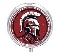 Red Spartan Helmet Pill Box 3 Compartment Small Pill Case with Mirror for Purse & Pocket Travel Medicine Organizer Daily Medication Container Portable Pillbox Metal Medicine Box Round Meds Case