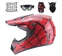 Red/Spider Full Face MTB Helmet Set, Pit Bike Motocross Kids Off Road Motorcycle Crash Helmet for Downhill Enduro MX Quad Dirt Bike With Goggles, Mask, Gloves, and Net (XL)