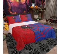 Red Spider Web Kids Sheet King Size,Black Spider Arachnid Insect Animal Bedding Set,Boys Girls Women Men Room Decor,Halloween Gothic TrippyNoble Bed Sheet Set 4pcs(Fitted + Flat + 2 Pillowcases)
