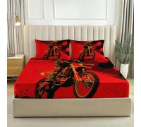 Red Sports Motorcycles Geometry Fitted Sheet Double 53" x 75", 30cm Deep Pocket Kids Bed Sheet, Soft Brushed Microfiber, Breathable & Fade Resistant Bedding for Boys Girls