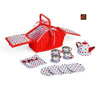 Red Spotted Wicker Picnic Basket Childrens Kids Tinplate Tin Tea Set 19 pieces
