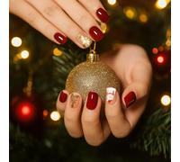 Red Square Artificial Nails Short Glossy Set - Festive Snowflake Santa Claus Design Christmas Tree Temporary Press On for Women Holiday Party Manicure Kit Seasonal Celebration Art Gift Elegant Touch