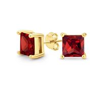 Red Square Cubic Zirconia Brilliant Princess Cut AAA CZ Stud Earrings Gold Plated Sterling Silver Simulated Ruby