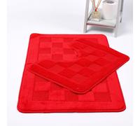 (Red) Squares 2 Piece Bath Mat & Pedestal Set Non Slip