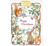 Red squirrel, mouse, rabbit, robin, holly, ivy etc, Audrey Tarrant Christmas Cards, A6 Size, Pack of 5, White Envelopes, 149mm x 105mm, Traditional Greeting
