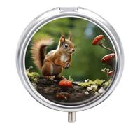 Red Squirrel on Small Green Hill Round Pill Box with Mirror 3 Compartment Portable Pill Case for Travel Outdoor Use Cute Small Pill Organizer for Pocket Or Purse