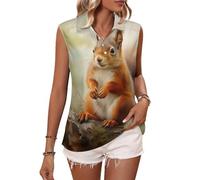 Red Squirrel Painting Women's Sleeveless Collared Golf Polo Shirts Tank Tops Summer Casual Outfits XL