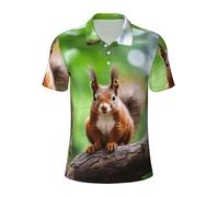 Red Squirrel Print Mens Golf Shirts, Sports Polo Shirts, Moisture Wicking Short Sleeve Hawaiian T-Shirt, Black, XL