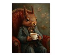 Red Squirrel Tea on Armchair Victorian Portrait Wall Art Print Artery8 Brown W24 inch x H32 inch