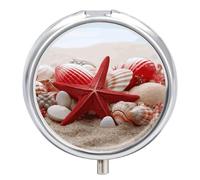 Red Starfish Seashells Pill Box,3 Compartments Round Small Pills Case Moisture-Proof Portable Pill Container for Travel Vitamins Fish Oil Supplements