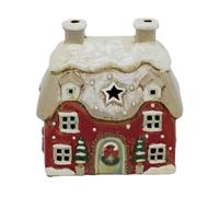 Red Stoneware Christmas House Tealight Holder | Festive Candle Holder Christmas House Ornament - 18.5cm
