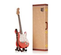 Red Strat Miniature Guitar | Handmade Wooden Mini Replica by Axe Legends | Includes Personalised Mini Leather Guitar Strap and A-Frame Display Stand | 25 cms Tall | Shipped in Gift Box