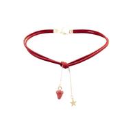 Red Strawberry Fruit Choker Necklace Handmade Bohemian Embroidered Fabric Sweet Summer Tropical Fruits Leaf Y2K Velvet Collar Chain Necklace for Women Boho Style Christmas Halloween Holiday Fashion