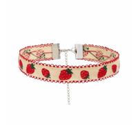 Red Strawberry Fruit Choker Necklace Handmade Bohemian Embroidered Fabric Sweet Summer Tropical Fruits Leaf Y2K Velvet Collar Chain Necklace for Women Boho Style Christmas Halloween Holiday Fashion
