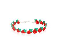 Red Strawberry Fruit Choker Necklace Handmade Bohemian Embroidered Fabric Sweet Summer Tropical Fruits Leaf Y2K Velvet Collar Chain Necklace for Women Boho Style Christmas Halloween Holiday Fashion