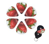 Red Strawberry Fruit Guitar Picks 6 Pack, 0.71mm Thickness Celluloid Bass Pick with Leather Guitar Pick Holder Keychain Abstract Art Pics Plectrum for Acoustic Electric Guitar, Ukulele, Bass