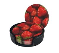 Red Strawberry Fruit Printed Leather Coasters Set Of 6â€“stylish Round 10cm Coasters With Storage Boxes Table Decorations Coasters Coffee Or Tea Cups Wine Glasses Drink Cups