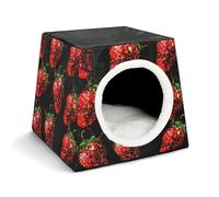 Red Strawberry Pattern Cat Bed for Indoor Cats - Foldable Cat & Dog House with Removable Cozy Cushion, Waterproof Oxford Washable Pet House for Small Pets 13.8" X 13.8" X 11.8"