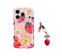 Red Strawberry Phone Case with Charm for iPhone 17 pro 6.3in,Retro Stylish Glossy Oil Painting Flower Laser Glossy ,Aesthetic Fruit Shockproof Wave Frame Protection cover Girly Gift for Girl Women