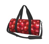 Red Strawberry Print Round Duffel Bag, Canvas Overnight Travel Tote Bag, Waterproof and Tear-Resistant.Foldable Weekend Travel Bag
