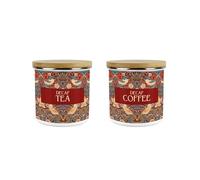 Red Strawberry Thief Decaf Tea & Decaf Coffee Storage Canisters Set - Morris Inspired Floral Tapestry Artwork - 600ml Medium Enamel Hot Drinks Containers Set of 2