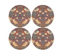 Red Strawberry Thief Glass Coaster Set - William Morris Artwork Gifts - Set of Four (4) Round Drinks Coasters